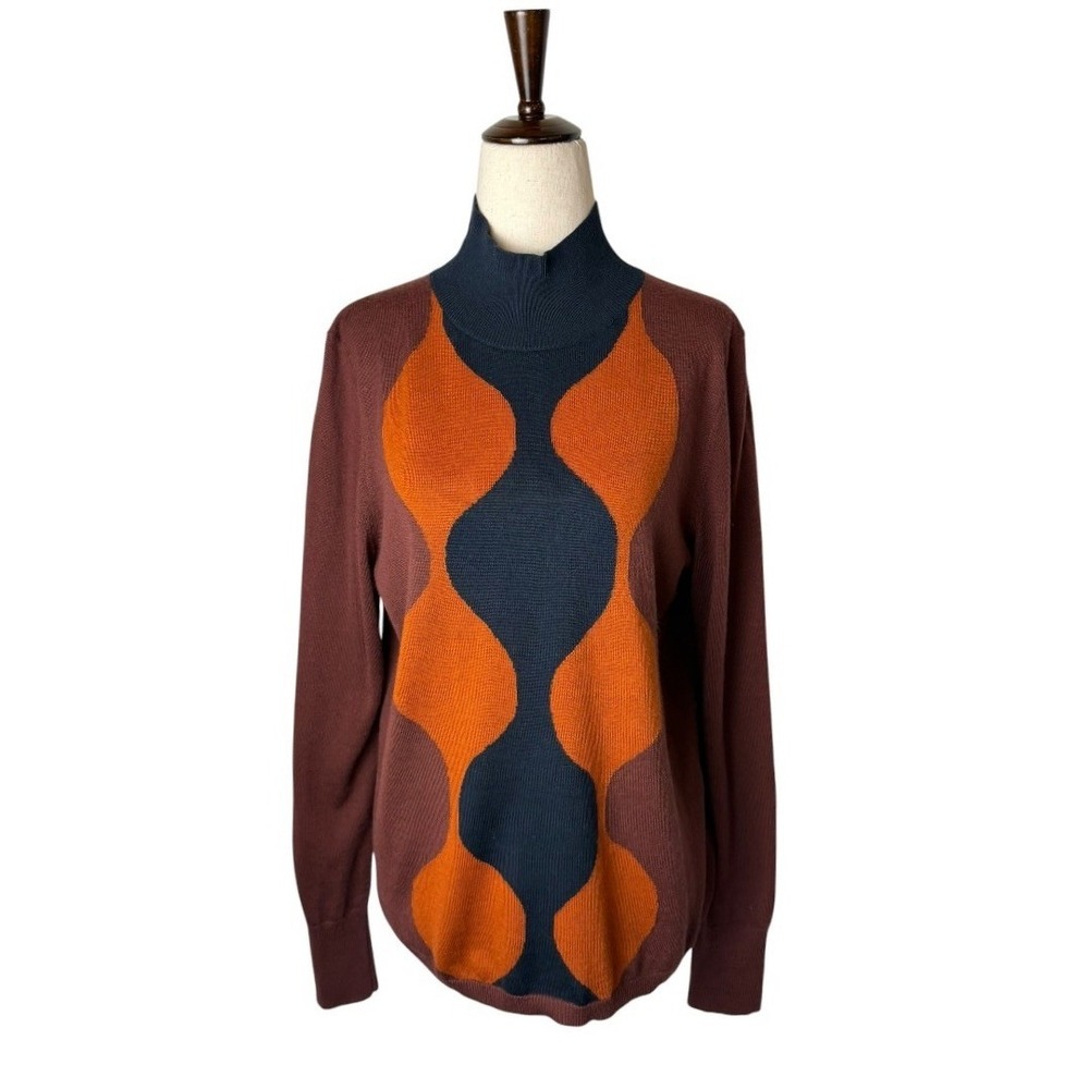 Marimekko Uniqlo Sweater Women Large Brown Orange Lightweight Geo Wool Knit - Picture 2 of 11